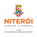 Logo da CLIN, Cia de Limpeza de Niterói, com o brasão do município disposto na horizontal, com a sentença Sempre á frete
